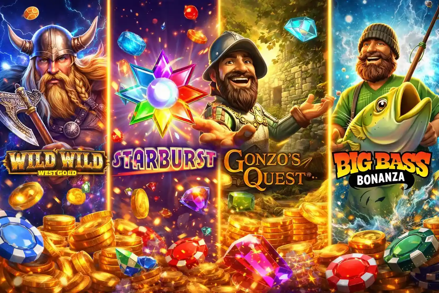 Tunnetut kolikkopelit kuten Starburst Gonzo ja Big Bass kasinolla
